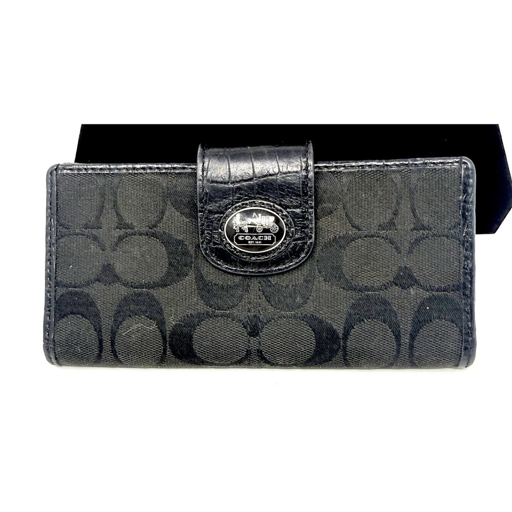Coach Vintage Black Logo Folding Wallet for Women with Snap Closure and Zipper